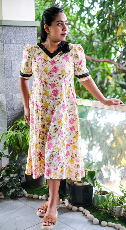 Cotton Rajwadi A-Line Floral Dress | Comfortable Ethnic Wear | Summer Casual & Festive Dress